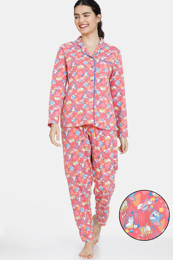 Zivame Tom Jerry Colour Block Knit Cotton Pyjama Set Rose Of Sharon